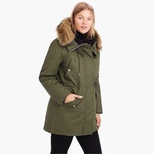 J. Crew Olive Utility Jacket with Faux Fur Hood- Like New XS